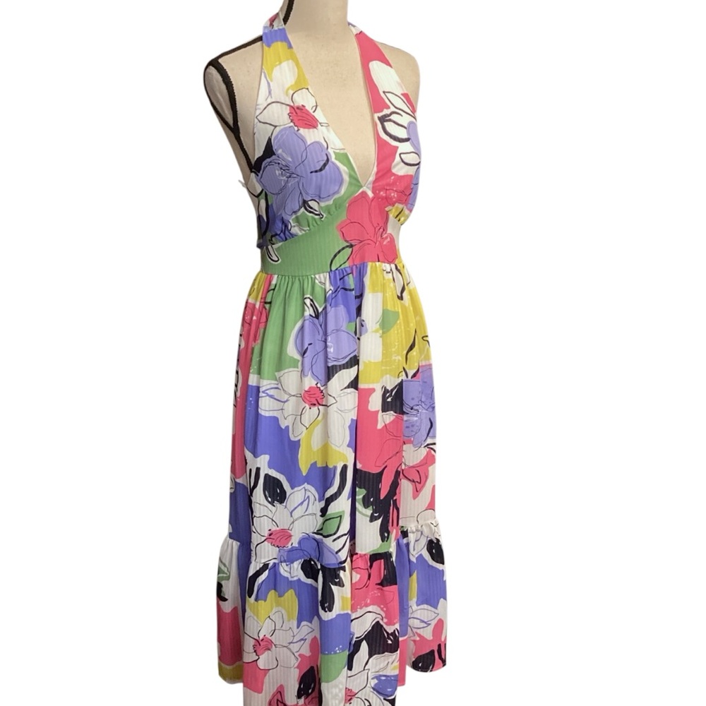 Ophelia Roe‎ Colorful Abstract Floral Halter Neck Sundress Medium NEW